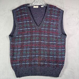 VTG Parisian Sweater Vest‎ Mens XL Blue Plaid Wool Blend Italy Made Golf Preppy